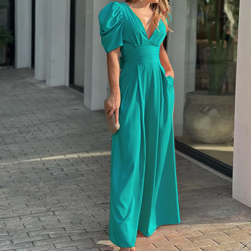 Jumpsuit Women's Short Sleeve Puff Sleeve Deep V Neck High Waist Wide Leg Solid Color Pocket Elegant Office Jumpsuit for Female