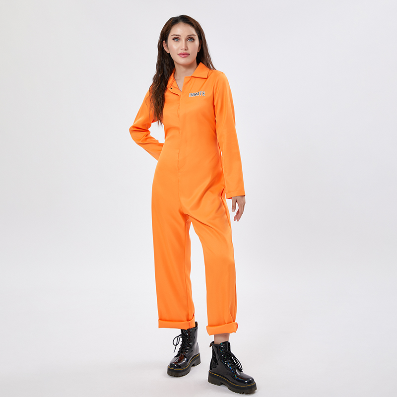 Orange Prisoner Costume for Women Escaped Jail Jumpsuit Men Inmate Uniform Adults Halloween Roleplay Dress Up Party Outfits