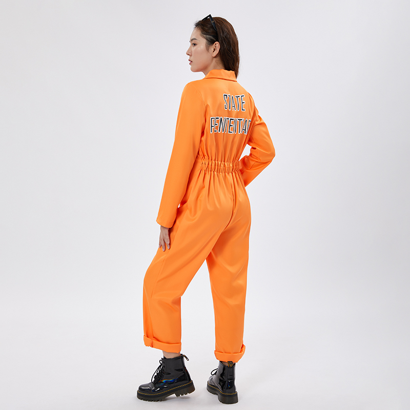 Orange Prisoner Costume for Women Escaped Jail Jumpsuit Men Inmate Uniform Adults Halloween Roleplay Dress Up Party Outfits