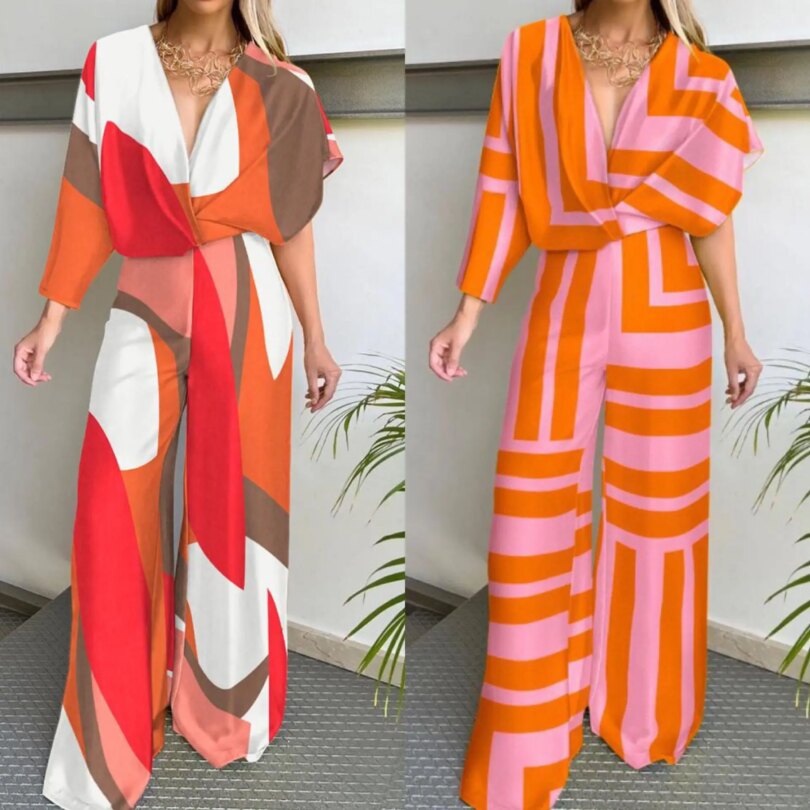 Geometry Printting Wide Leg Jumpsuits Women Sexy Deep V-neck Long Sleeve One Piece Sets Spring Autumn Elegant Playsuit