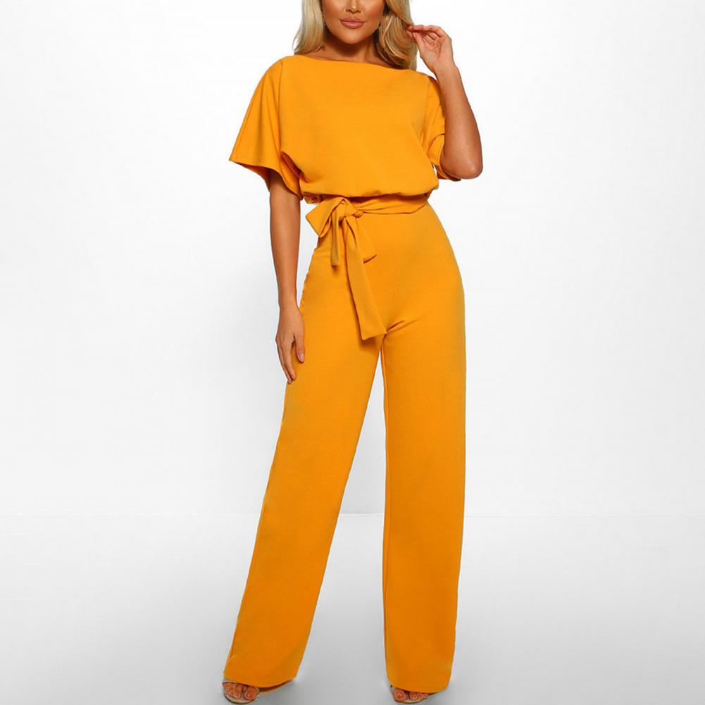 Jumpsuit Lace Up High Waist Elegant Women Solid Color Straight Leg Romper Fashion Short-sleeved Round Neck Jumpsuit for Dating