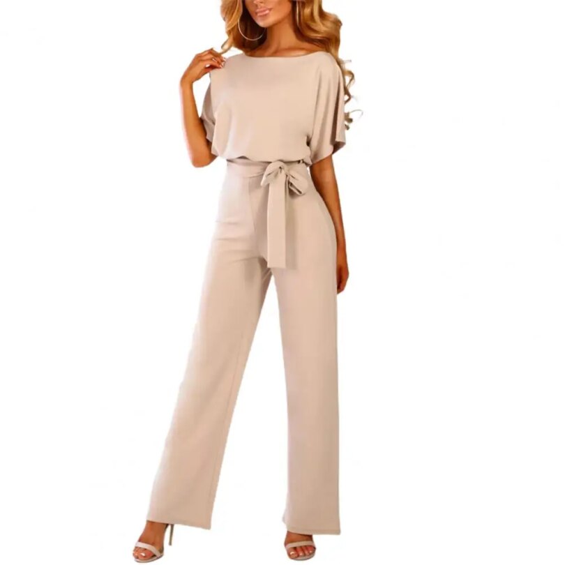 Jumpsuit Lace Up High Waist Elegant Women Solid Color Straight Leg Romper Fashion Short-sleeved Round Neck Jumpsuit for Dating - Image 2