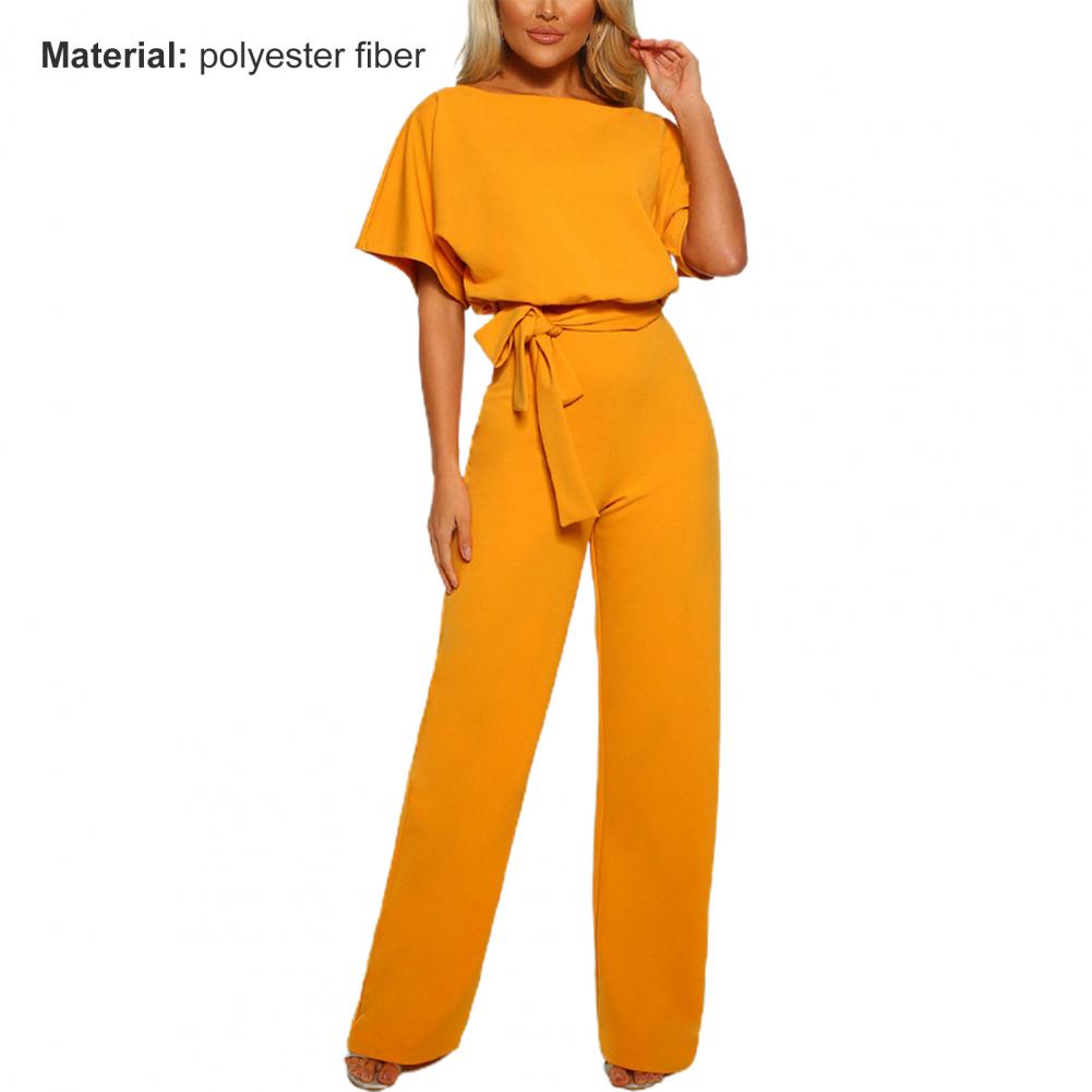 Jumpsuit Lace Up High Waist Elegant Women Solid Color Straight Leg Romper Fashion Short-sleeved Round Neck Jumpsuit for Dating