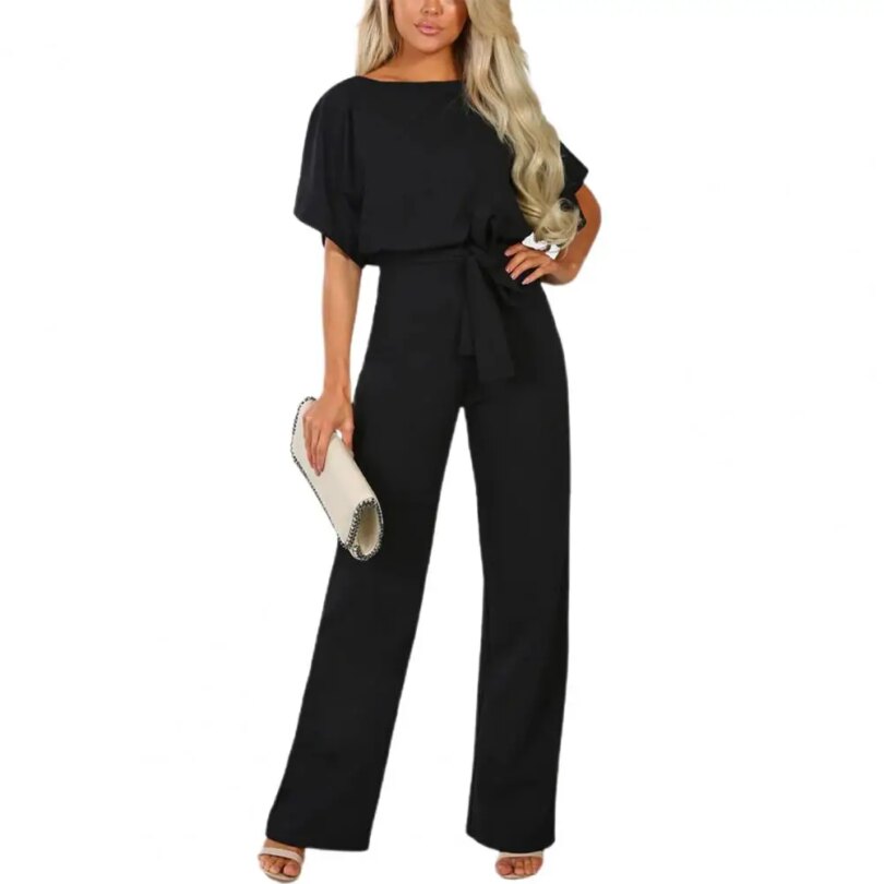 Jumpsuit Lace Up High Waist Elegant Women Solid Color Straight Leg Romper Fashion Short-sleeved Round Neck Jumpsuit for Dating - Image 3