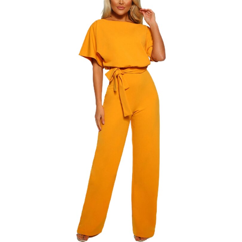 Jumpsuit Lace Up High Waist Elegant Women Solid Color Straight Leg Romper Fashion Short-sleeved Round Neck Jumpsuit for Dating - Image 4