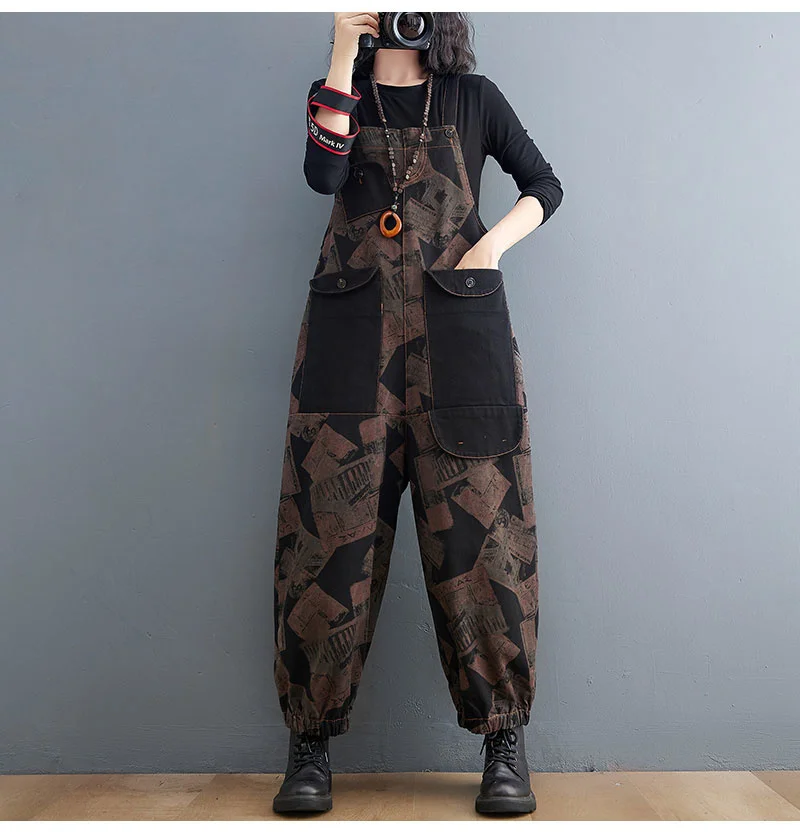 #1433 Denim Jumpsuit Women Rompers Loose Straight Harem Jeans Jumpsuits Femme Big Pockets Loose Printed Long Jumpsuits Vintage