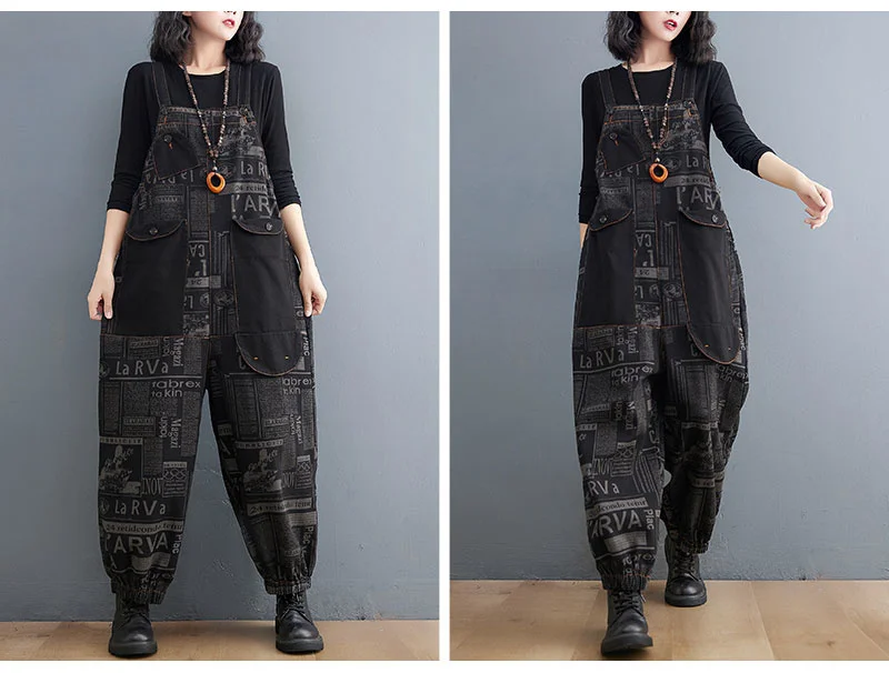 #1433 Denim Jumpsuit Women Rompers Loose Straight Harem Jeans Jumpsuits Femme Big Pockets Loose Printed Long Jumpsuits Vintage