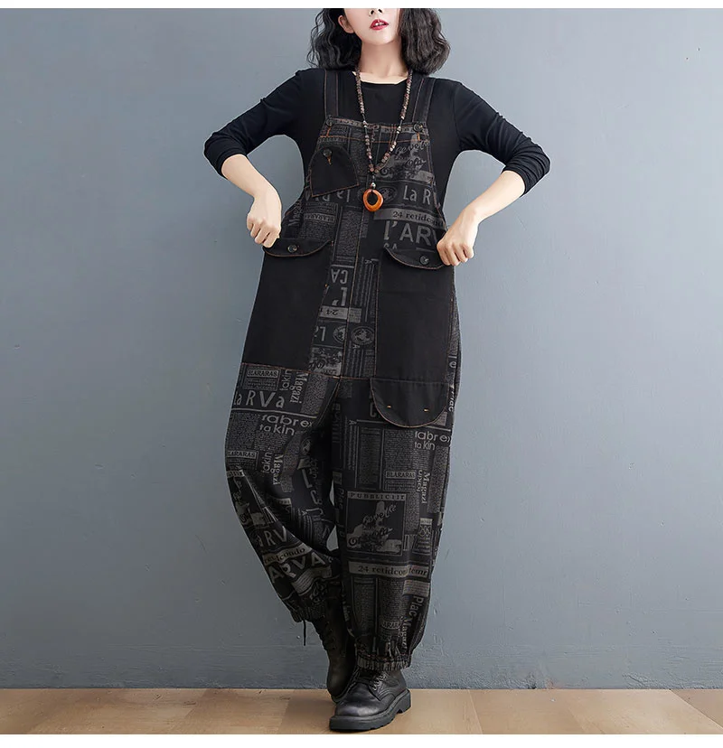 #1433 Denim Jumpsuit Women Rompers Loose Straight Harem Jeans Jumpsuits Femme Big Pockets Loose Printed Long Jumpsuits Vintage