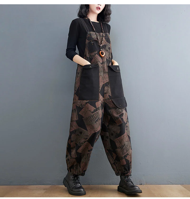 #1433 Denim Jumpsuit Women Rompers Loose Straight Harem Jeans Jumpsuits Femme Big Pockets Loose Printed Long Jumpsuits Vintage