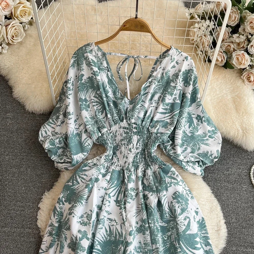 2024 New Summer Women Sexy V-Neck Puff Sleeve Printed Romper Female Wide Leg Jumpsuits Vacation Beach New Fashion