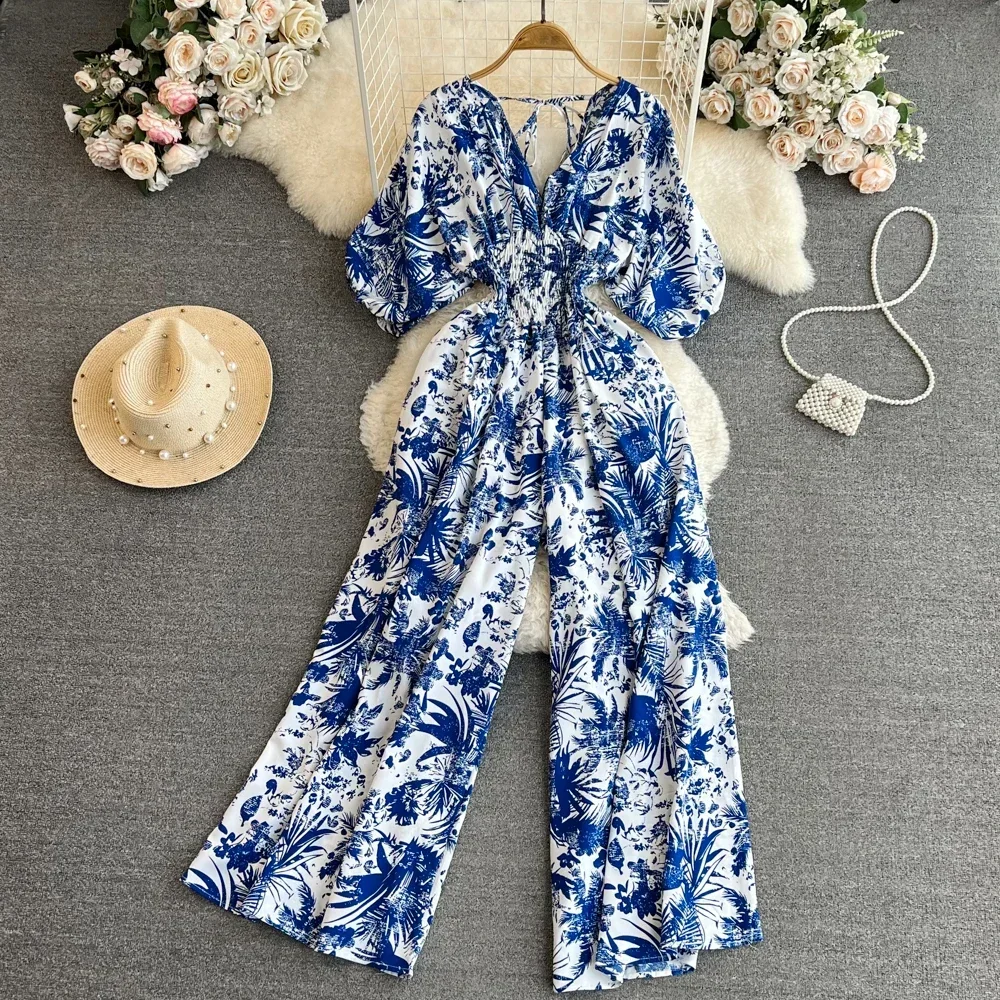 2024 New Summer Women Sexy V-Neck Puff Sleeve Printed Romper Female Wide Leg Jumpsuits Vacation Beach New Fashion