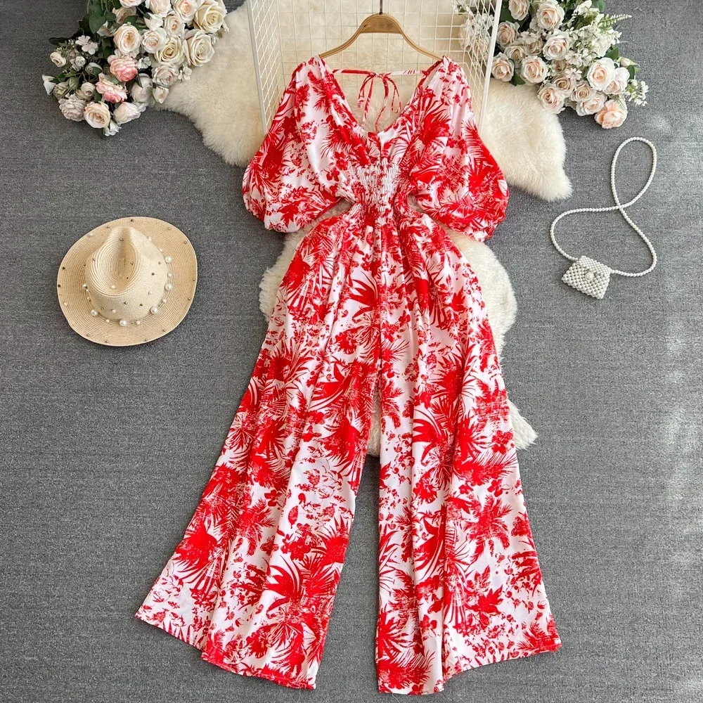 2024 New Summer Women Sexy V-Neck Puff Sleeve Printed Romper Female Wide Leg Jumpsuits Vacation Beach New Fashion