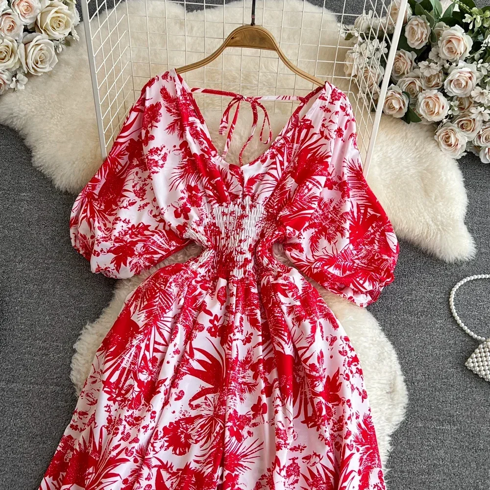 2024 New Summer Women Sexy V-Neck Puff Sleeve Printed Romper Female Wide Leg Jumpsuits Vacation Beach New Fashion