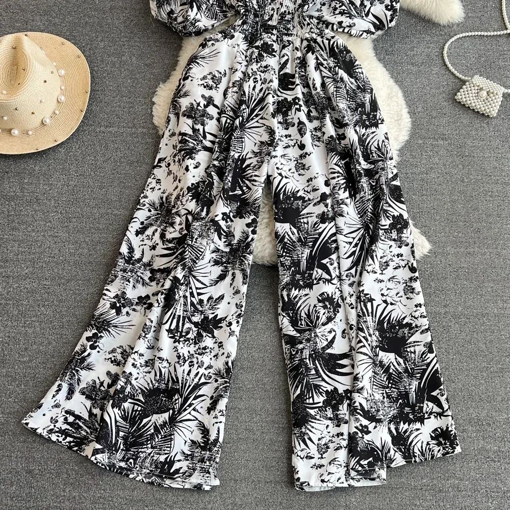 2024 New Summer Women Sexy V-Neck Puff Sleeve Printed Romper Female Wide Leg Jumpsuits Vacation Beach New Fashion