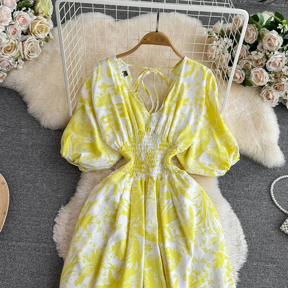 2024 New Summer Women Sexy V-Neck Puff Sleeve Printed Romper Female Wide Leg Jumpsuits Vacation Beach New Fashion