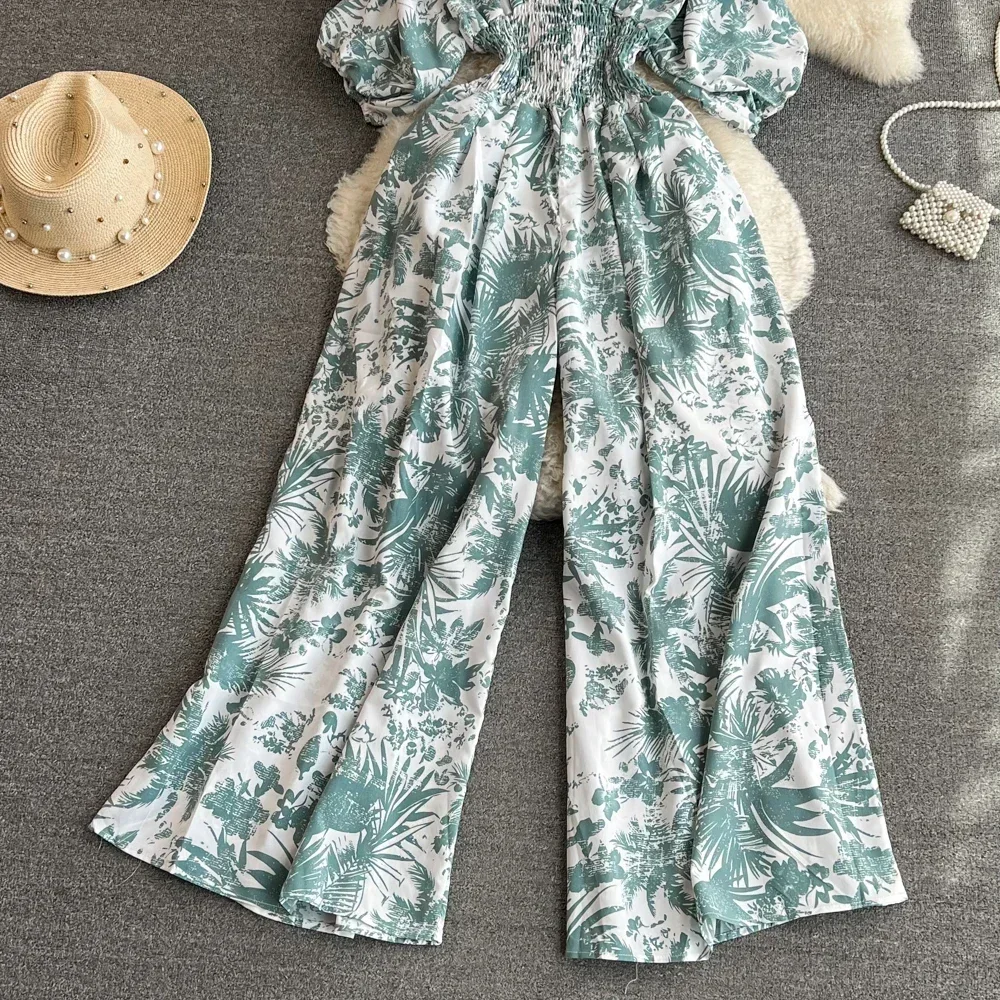 2024 New Summer Women Sexy V-Neck Puff Sleeve Printed Romper Female Wide Leg Jumpsuits Vacation Beach New Fashion