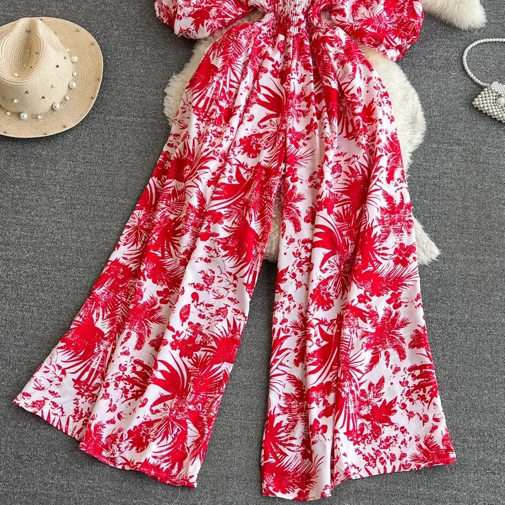 2024 New Summer Women Sexy V-Neck Puff Sleeve Printed Romper Female Wide Leg Jumpsuits Vacation Beach New Fashion