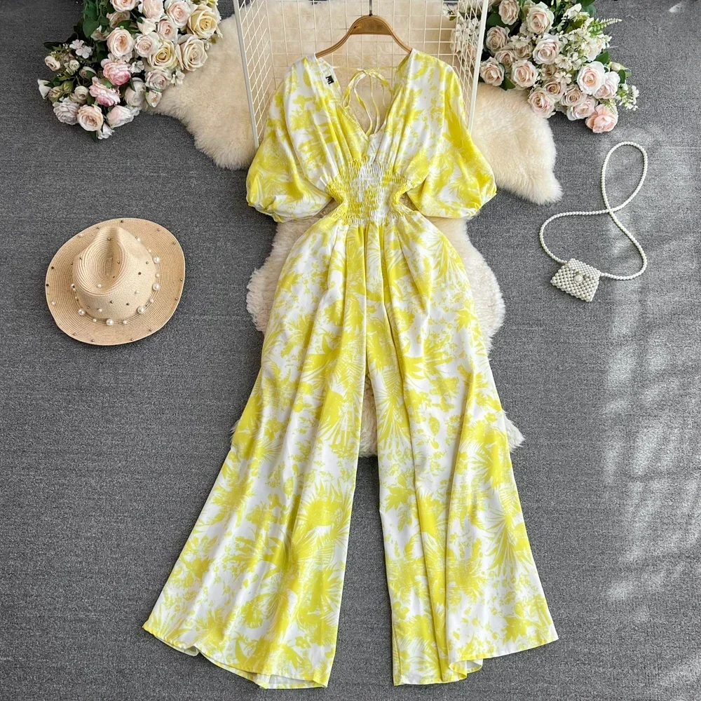 2024 New Summer Women Sexy V-Neck Puff Sleeve Printed Romper Female Wide Leg Jumpsuits Vacation Beach New Fashion