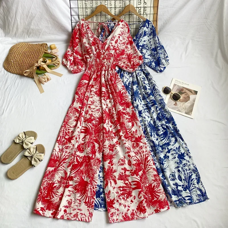 2024 New Summer Women Sexy V-Neck Puff Sleeve Printed Romper Female Wide Leg Jumpsuits Vacation Beach New Fashion