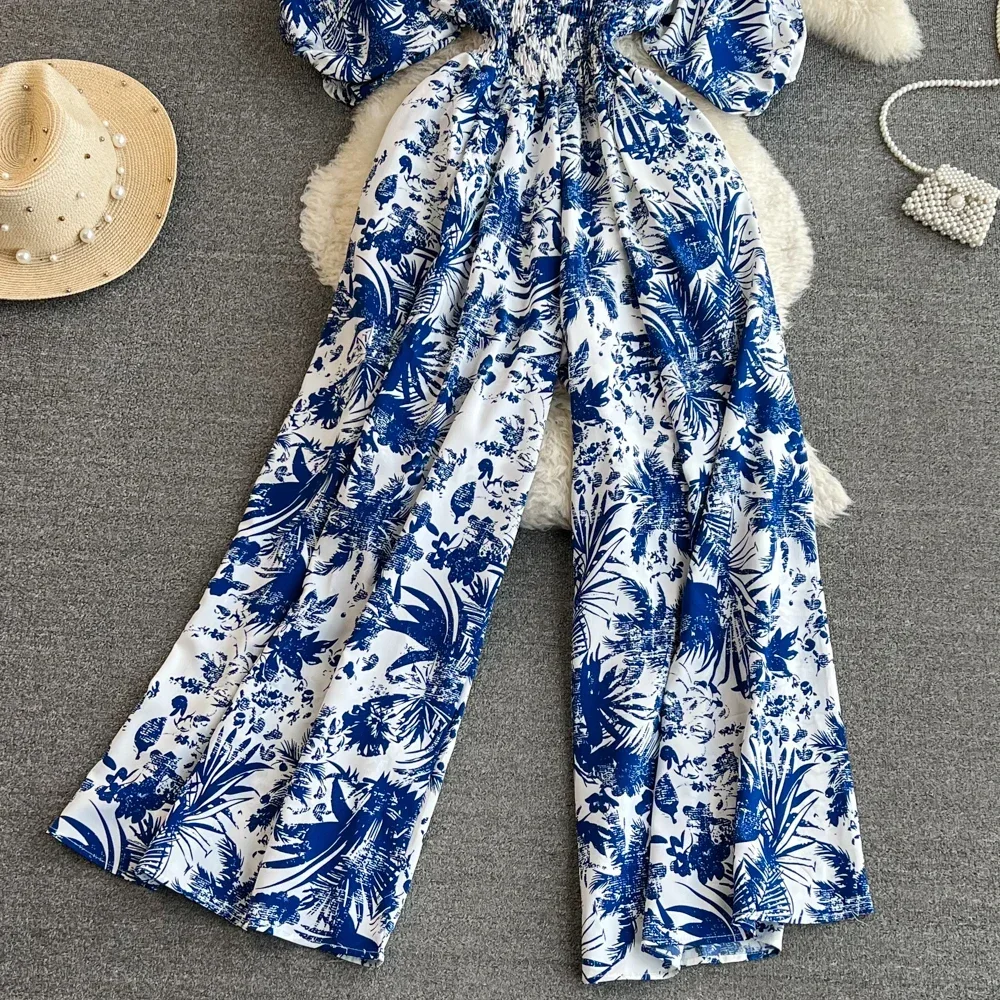 2024 New Summer Women Sexy V-Neck Puff Sleeve Printed Romper Female Wide Leg Jumpsuits Vacation Beach New Fashion