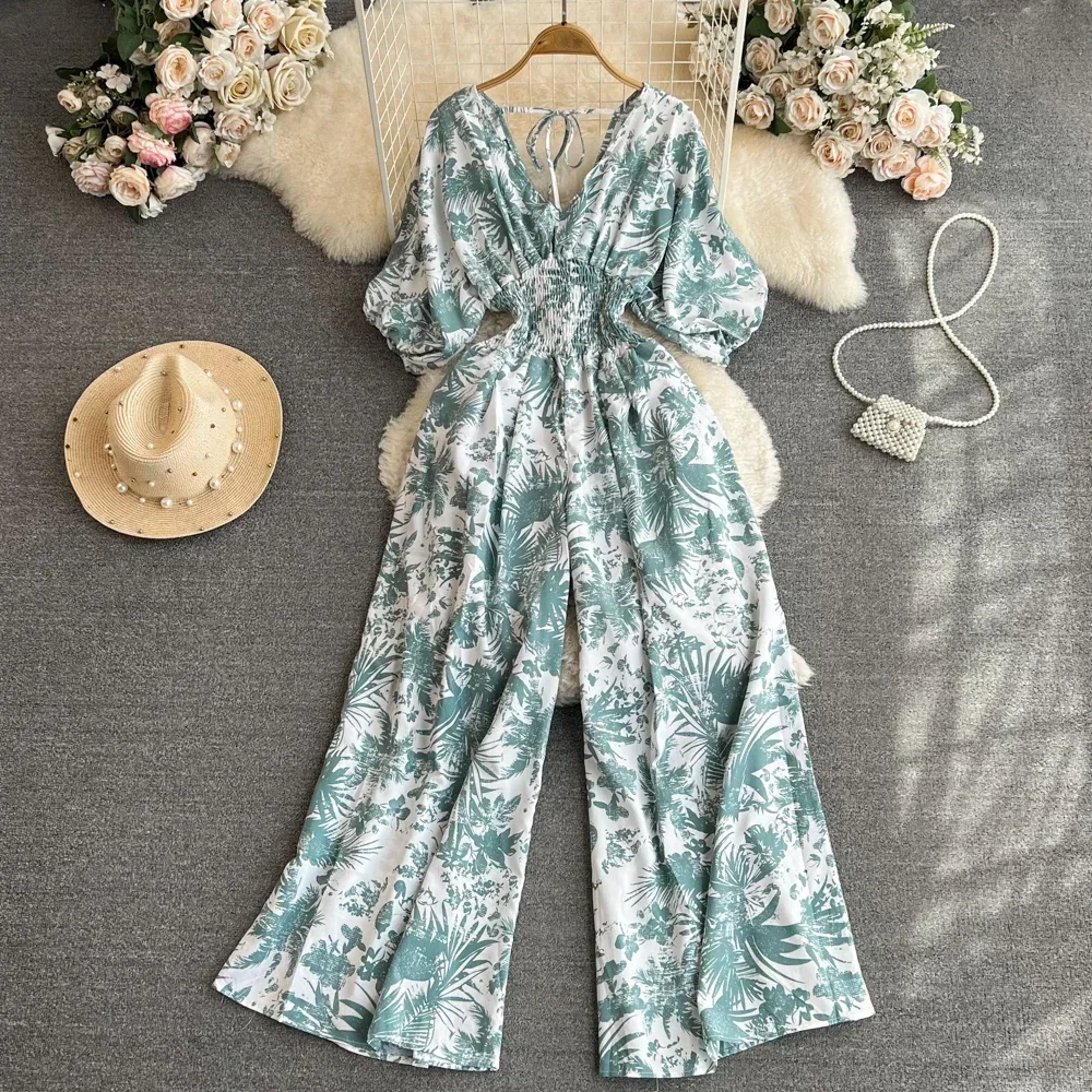 2024 New Summer Women Sexy V-Neck Puff Sleeve Printed Romper Female Wide Leg Jumpsuits Vacation Beach New Fashion