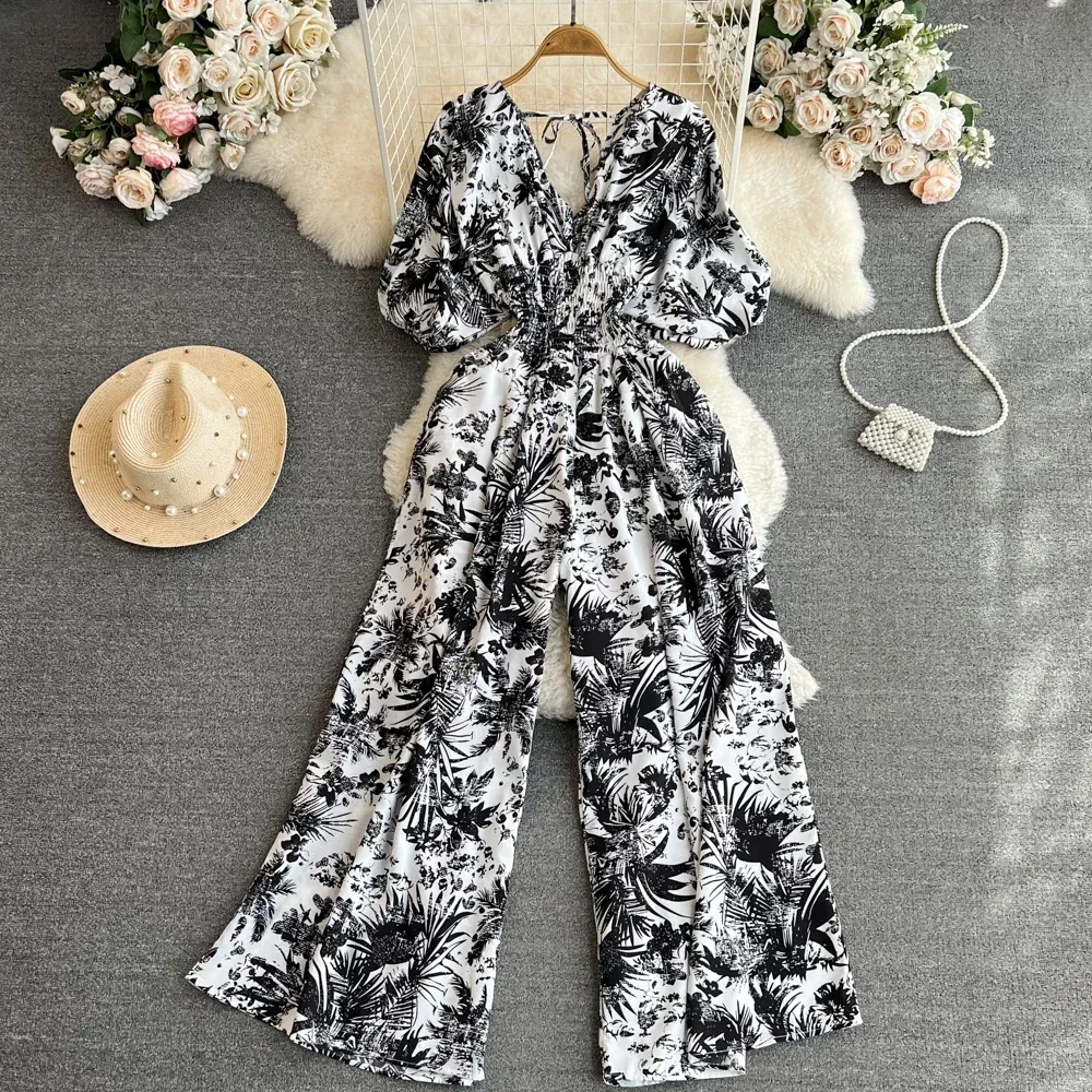 2024 New Summer Women Sexy V-Neck Puff Sleeve Printed Romper Female Wide Leg Jumpsuits Vacation Beach New Fashion