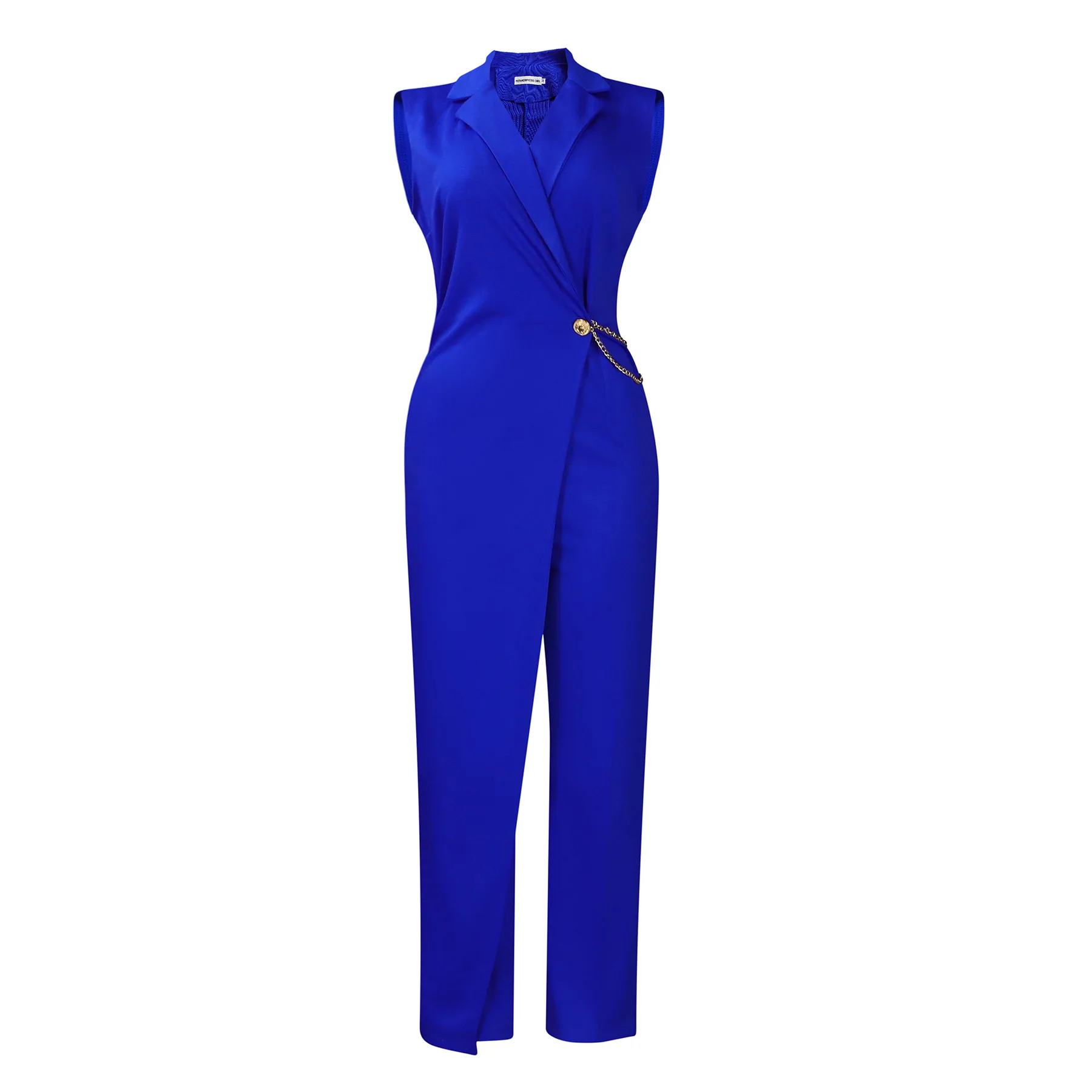 Fashion Sleeveless Suit Collar Waist Chain Forwomen'S Rompers Spring Summer New Solid Color Loose Female Office Wide-leg Rompers