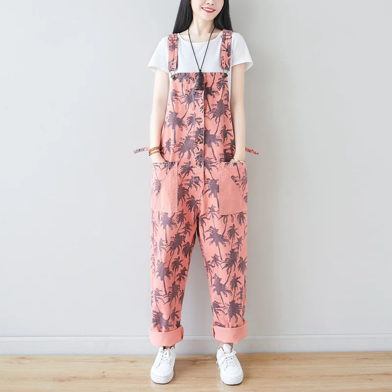 #1405 Printed Denim Cotton Overalls For Women Vintage Jeans Jumpsuits Ladies Loose Adjustable Strap Long Jumpsuits Big Pockets