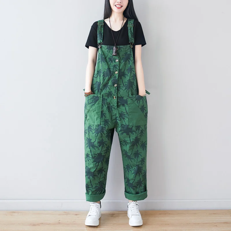 #1405 Printed Denim Cotton Overalls For Women Vintage Jeans Jumpsuits Ladies Loose Adjustable Strap Long Jumpsuits Big Pockets