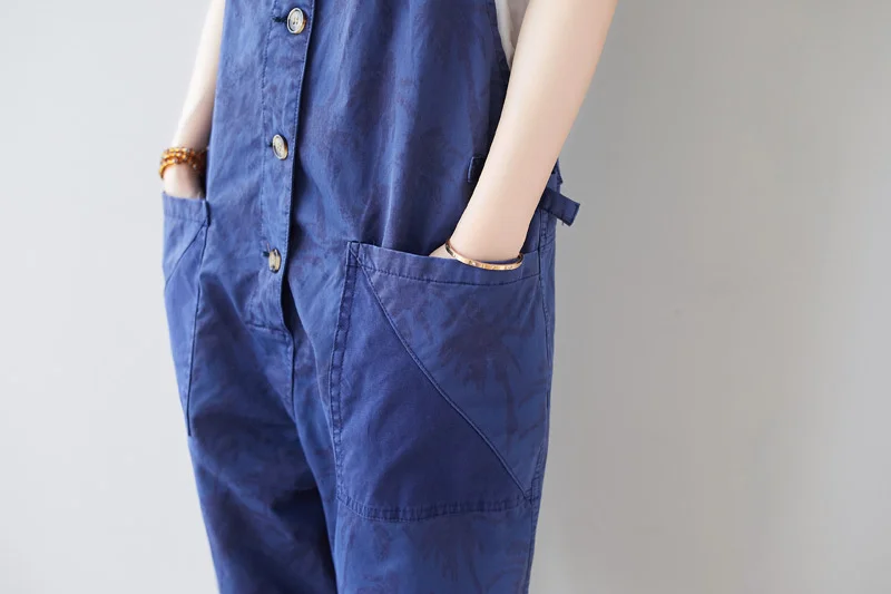 #1405 Printed Denim Cotton Overalls For Women Vintage Jeans Jumpsuits Ladies Loose Adjustable Strap Long Jumpsuits Big Pockets