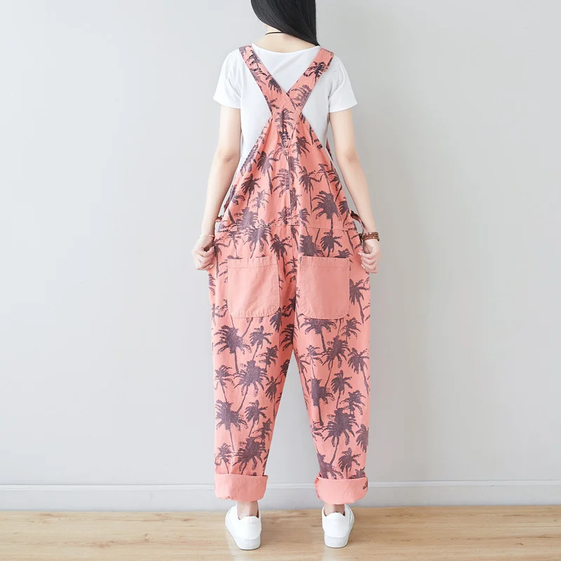 #1405 Printed Denim Cotton Overalls For Women Vintage Jeans Jumpsuits Ladies Loose Adjustable Strap Long Jumpsuits Big Pockets