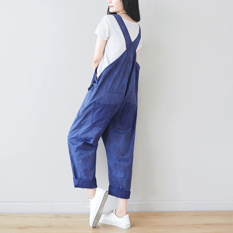 #1405 Printed Denim Cotton Overalls For Women Vintage Jeans Jumpsuits Ladies Loose Adjustable Strap Long Jumpsuits Big Pockets