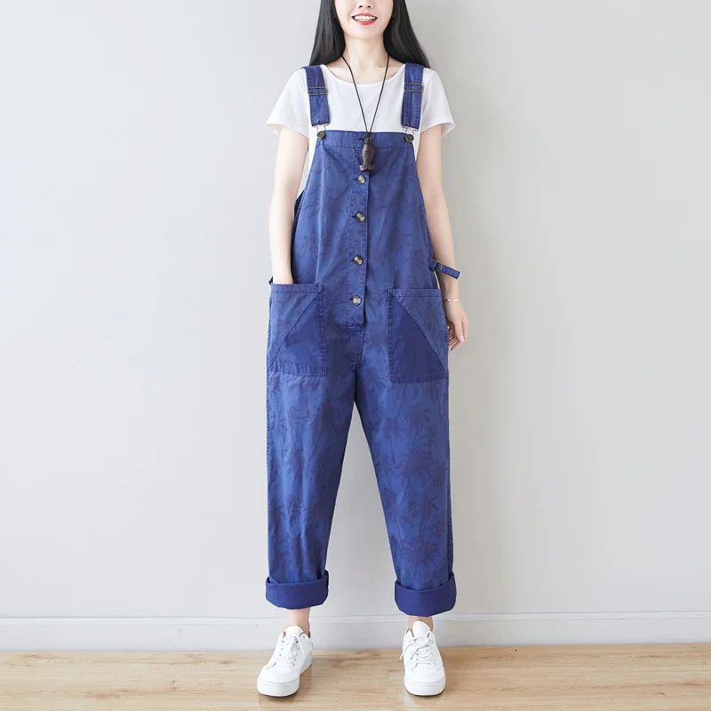 #1405 Printed Denim Cotton Overalls For Women Vintage Jeans Jumpsuits Ladies Loose Adjustable Strap Long Jumpsuits Big Pockets