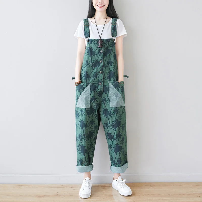 #1405 Printed Denim Cotton Overalls For Women Vintage Jeans Jumpsuits Ladies Loose Adjustable Strap Long Jumpsuits Big Pockets