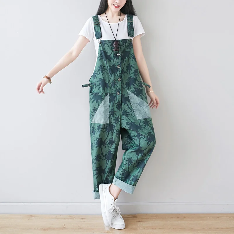 #1405 Printed Denim Cotton Overalls For Women Vintage Jeans Jumpsuits Ladies Loose Adjustable Strap Long Jumpsuits Big Pockets