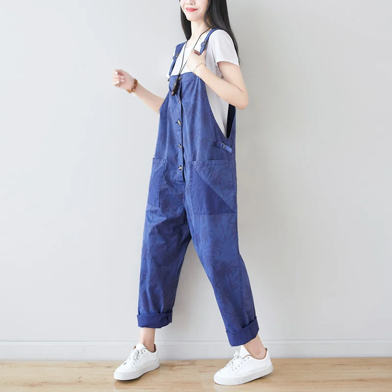 #1405 Printed Denim Cotton Overalls For Women Vintage Jeans Jumpsuits Ladies Loose Adjustable Strap Long Jumpsuits Big Pockets