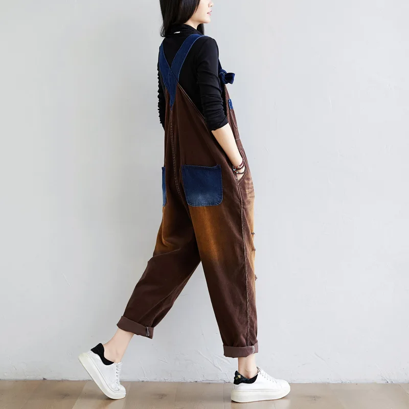 #1410 Vintage Corduroy Jumpsuits Women Loose Streetwear Overalls Wide Leg Long Jumpsuit Ladies Holes Rompers Yellow Blue Brown