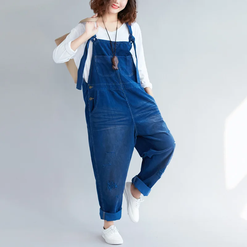 #1410 Vintage Corduroy Jumpsuits Women Loose Streetwear Overalls Wide Leg Long Jumpsuit Ladies Holes Rompers Yellow Blue Brown