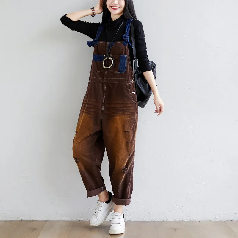 #1410 Vintage Corduroy Jumpsuits Women Loose Streetwear Overalls Wide Leg Long Jumpsuit Ladies Holes Rompers Yellow Blue Brown