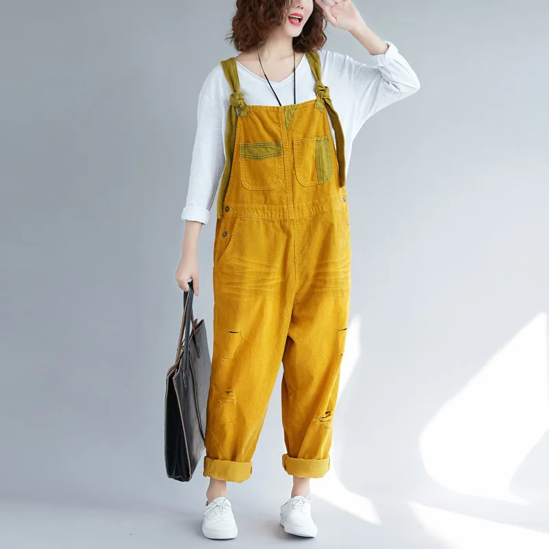 #1410 Vintage Corduroy Jumpsuits Women Loose Streetwear Overalls Wide Leg Long Jumpsuit Ladies Holes Rompers Yellow Blue Brown