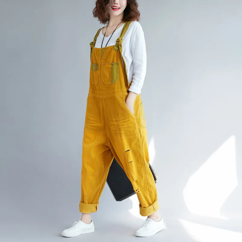 #1410 Vintage Corduroy Jumpsuits Women Loose Streetwear Overalls Wide Leg Long Jumpsuit Ladies Holes Rompers Yellow Blue Brown