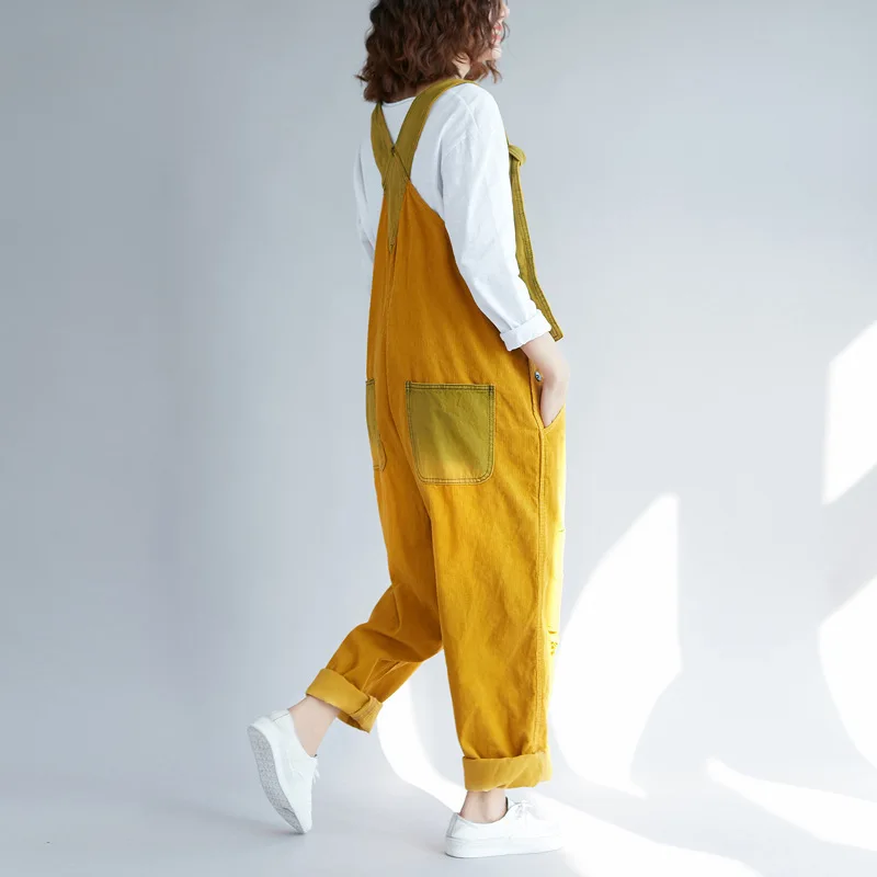 #1410 Vintage Corduroy Jumpsuits Women Loose Streetwear Overalls Wide Leg Long Jumpsuit Ladies Holes Rompers Yellow Blue Brown