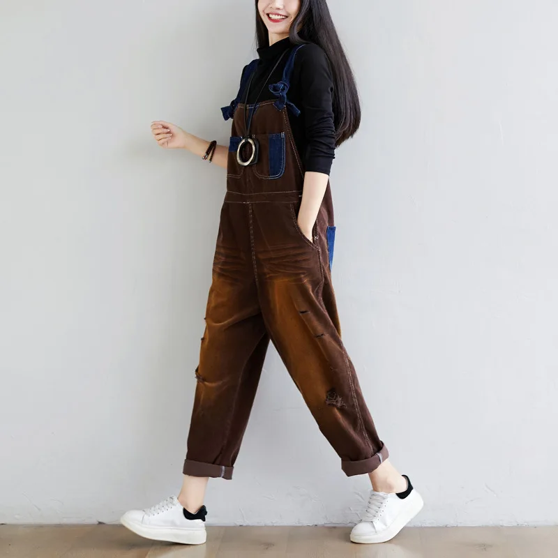 #1410 Vintage Corduroy Jumpsuits Women Loose Streetwear Overalls Wide Leg Long Jumpsuit Ladies Holes Rompers Yellow Blue Brown