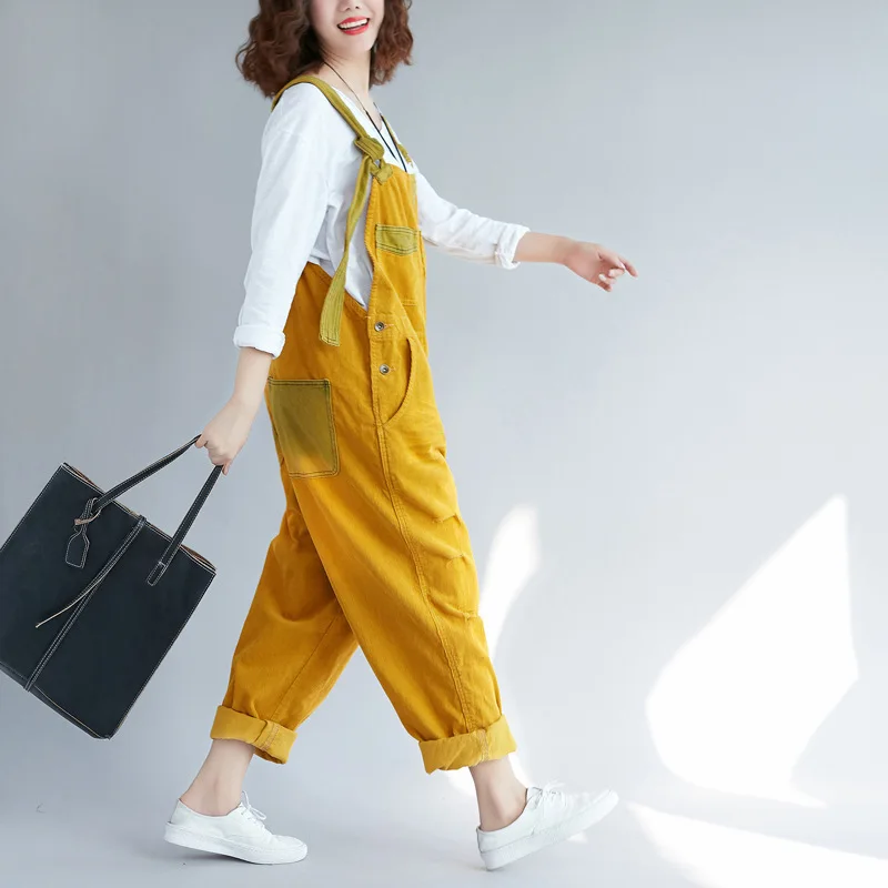 #1410 Vintage Corduroy Jumpsuits Women Loose Streetwear Overalls Wide Leg Long Jumpsuit Ladies Holes Rompers Yellow Blue Brown