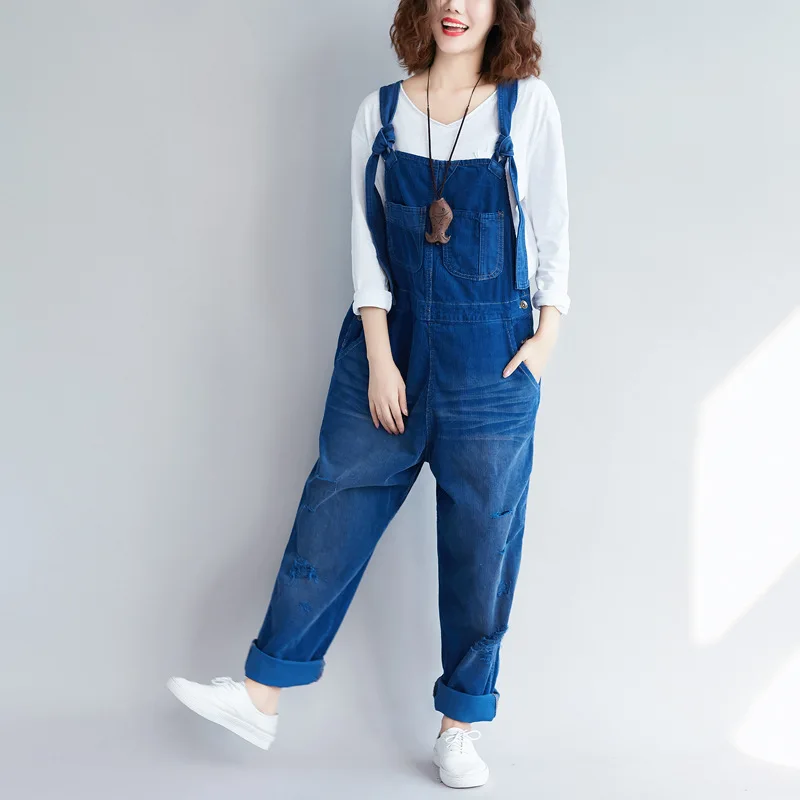 #1410 Vintage Corduroy Jumpsuits Women Loose Streetwear Overalls Wide Leg Long Jumpsuit Ladies Holes Rompers Yellow Blue Brown