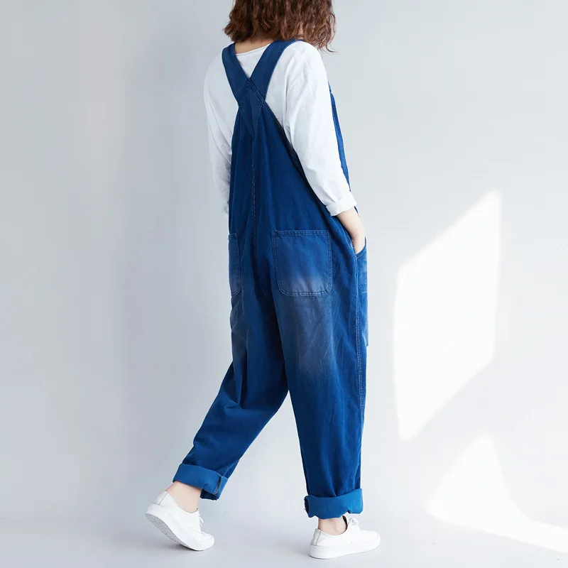 #1410 Vintage Corduroy Jumpsuits Women Loose Streetwear Overalls Wide Leg Long Jumpsuit Ladies Holes Rompers Yellow Blue Brown