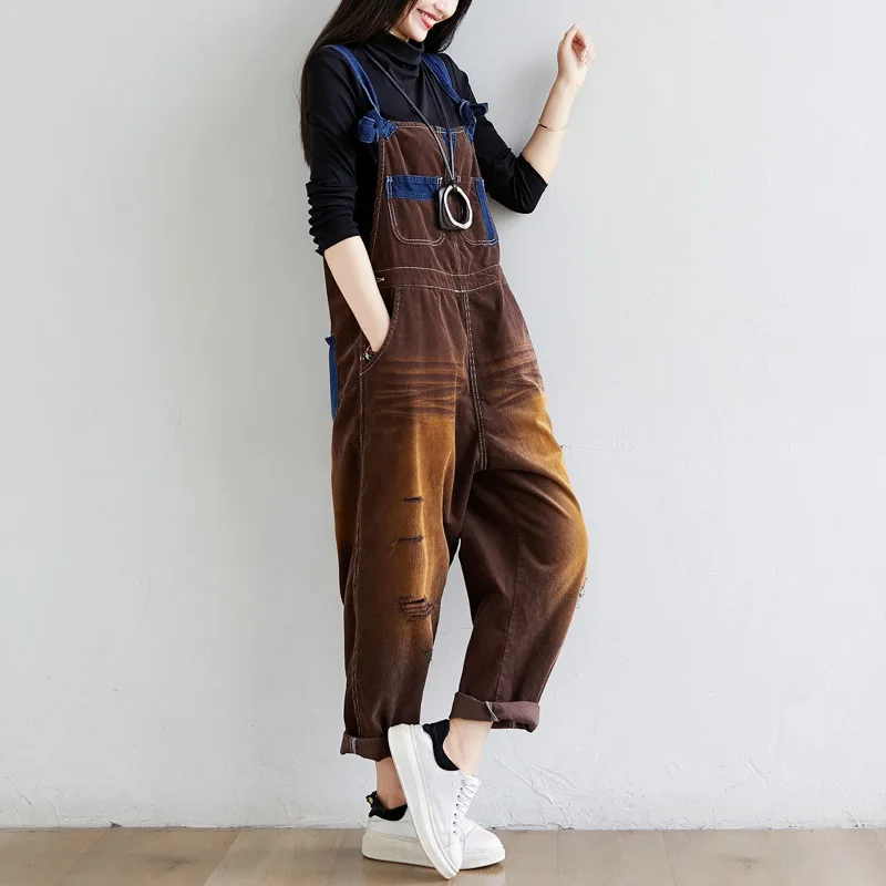 #1410 Vintage Corduroy Jumpsuits Women Loose Streetwear Overalls Wide Leg Long Jumpsuit Ladies Holes Rompers Yellow Blue Brown