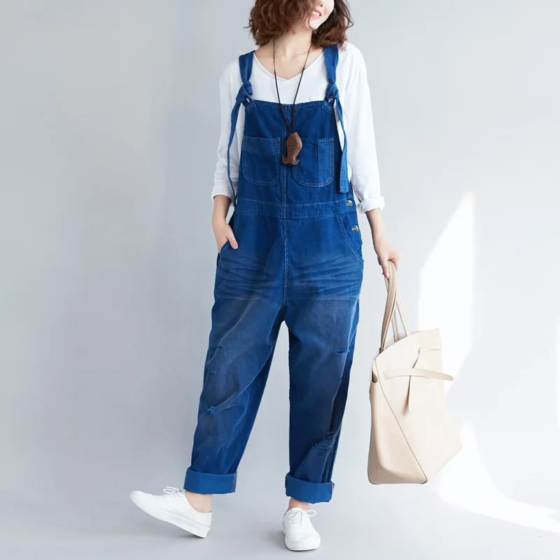 #1410 Vintage Corduroy Jumpsuits Women Loose Streetwear Overalls Wide Leg Long Jumpsuit Ladies Holes Rompers Yellow Blue Brown