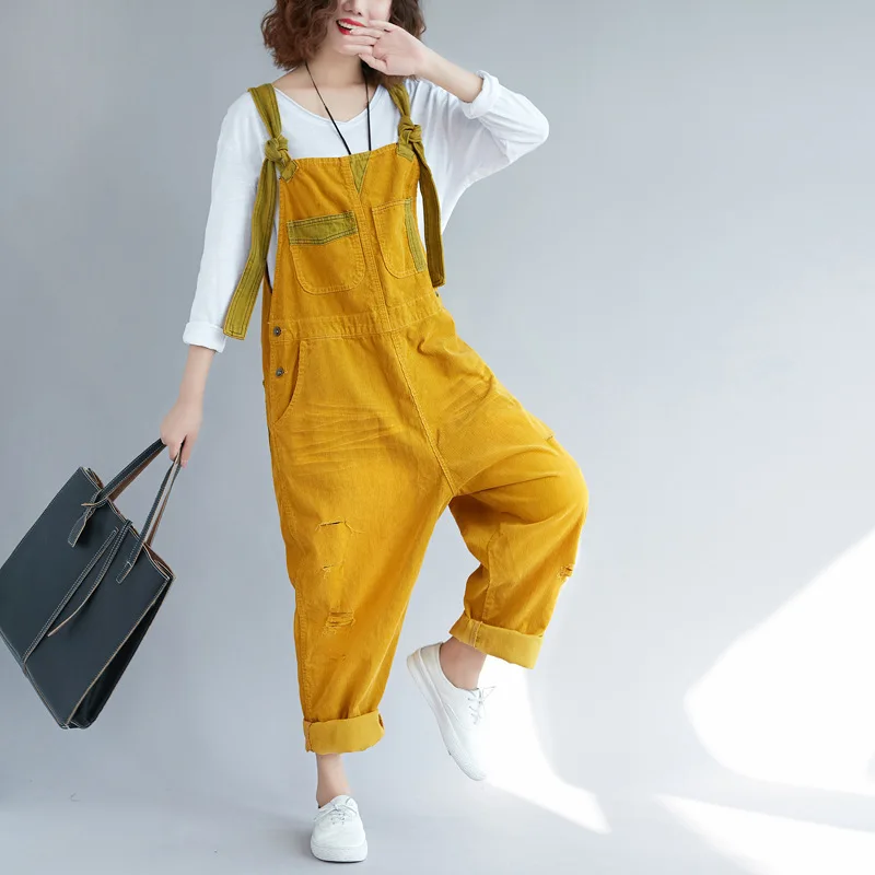 #1410 Vintage Corduroy Jumpsuits Women Loose Streetwear Overalls Wide Leg Long Jumpsuit Ladies Holes Rompers Yellow Blue Brown