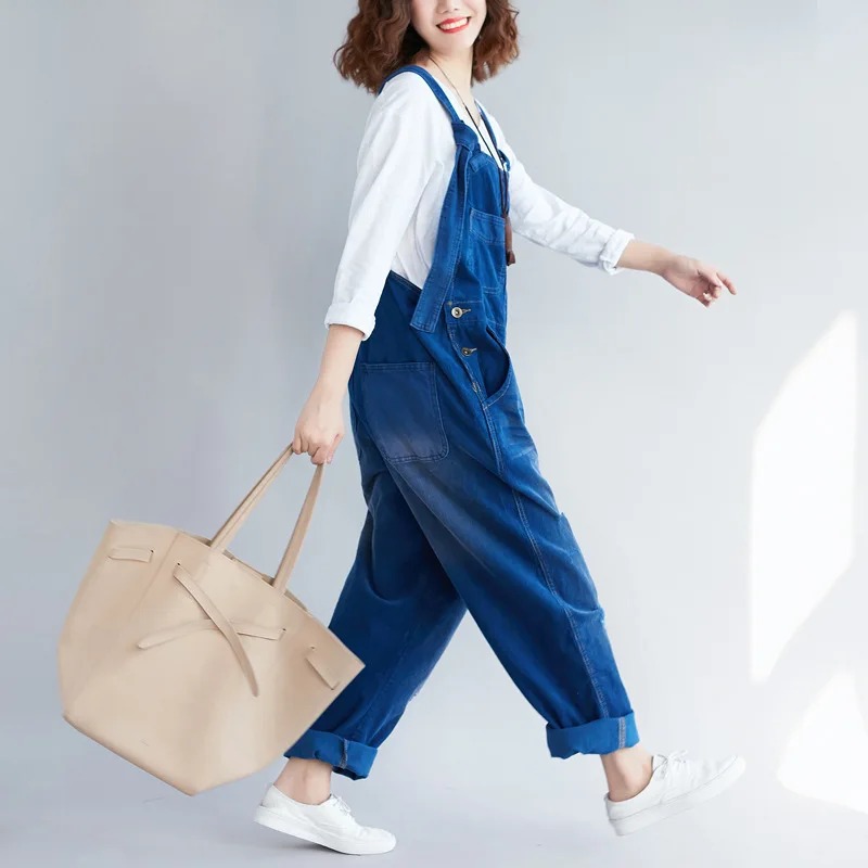 #1410 Vintage Corduroy Jumpsuits Women Loose Streetwear Overalls Wide Leg Long Jumpsuit Ladies Holes Rompers Yellow Blue Brown